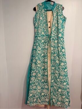 Teal & white embroidered floor-length Indian gown